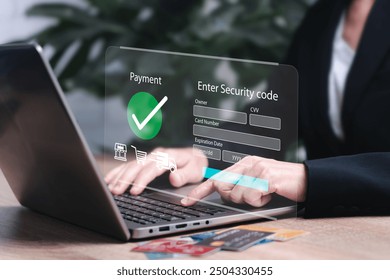 Payment online, Security code, Personal data concept, Businesswomen enter credit card security code for shopping online, banking digital technology, purchases, digital marketing, global business