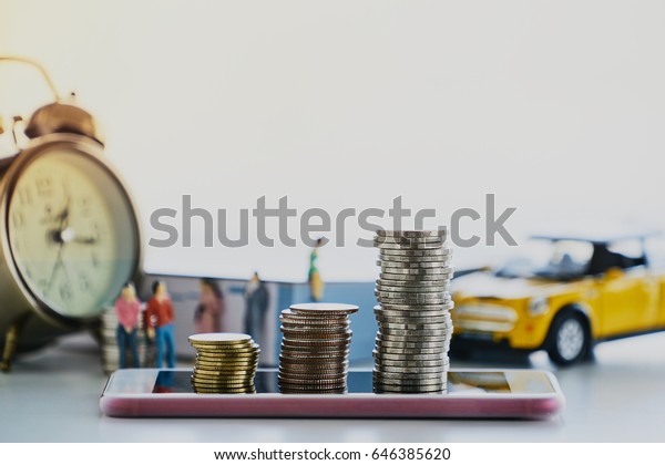 Payment plan and Saving concept of rising\
coins with clock, people and car in\
background