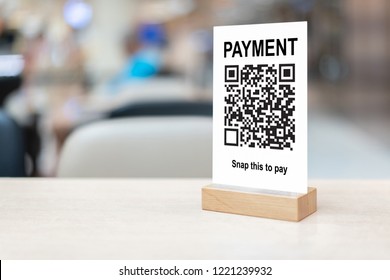 Payment QR Code For Moblie Wallet Phone Or Smartphone Scanning,online Shopping,cashless Society Technology Of Smart Shop Accept Digital Pay Bitcoins No Money, Internet Of Things,tent Mock Up Table