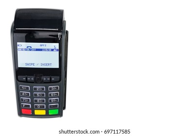 Payment Terminal With Card On White Background Top View. Payment Terminal Isolated On White