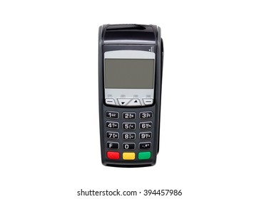 Payment terminal isolated on white. Front panel texture for your object