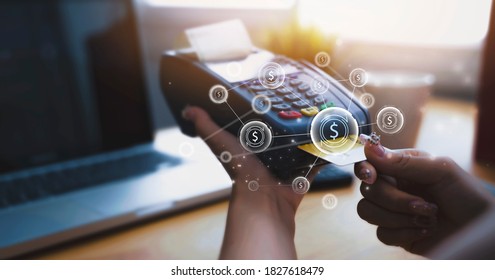 Payment terminal machine and credit card inserted cash money paying purchasing buying consumer product services register, transferring money in bank to seller, modern technology with graphical icon  
