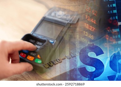 Payment terminal on a table. Payment process.