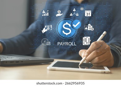 payroll management and financial processing system. payment of employees' salaries. icons for payment, scheduling, and efficient payroll operations.