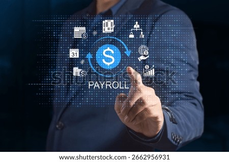 payroll management and financial processing system. payment of employees' salaries. icons for payment, scheduling, and efficient payroll operations.