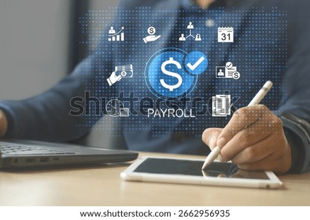 payroll management and financial processing system. payment of employees' salaries. icons for payment, scheduling, and efficient payroll operations.