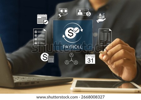 payroll management and financial processing system. payment of employees' salaries. icons for payment, scheduling, and efficient payroll operations.