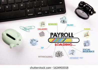 Payroll, Work, Opportunities, Finance And Insurance Concept. Chart With Keywords And Icons. Computer Keyboard On A White Office Desk