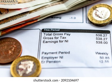 A payslip showing pay as you earn tax deductions, national insurance and pension contributions with some bank notes and coins.