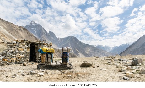 Payu / Pakistan - 08/08/2018: Porters' loads on the trekking trail from Jula to Payu, K2 Base Camp trek