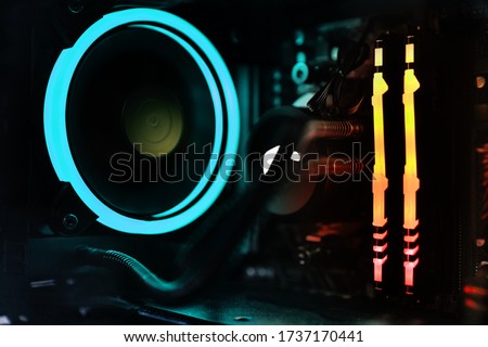 pc components with rgb led lights closeup