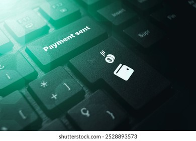 PC keyboard with Payment Sent button. Concept of financial transactions with mobile devices. Closeup photo. Money sent transfer. Shopping online.
