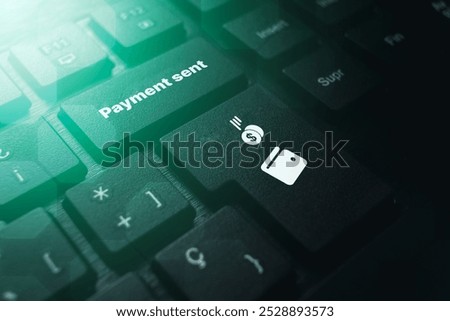 PC keyboard with Payment Sent button. Concept of financial transactions with mobile devices. Closeup photo. Money sent transfer. Shopping online.
