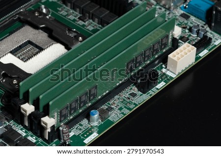 PC RAM modules for productivity upgrade. DDR RAM semiconductor chips. Stable memory for servers and workstations. PC RAM modules for computer upgrade. DDR RAM chips on circuit board.