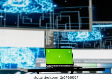 PC showcasing chroma key display next to AI neural networks system, machine learning used for practicing predictive analytics and cloud computing. Implementing artificial intelligence brain.