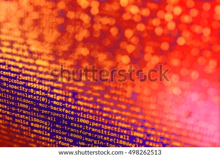 PC software creation business. PHP syntax highlighted. Desktop PC monitor photo. Programming of Internet website. Writing programming code on laptop. Software abstract background. 
