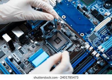a pcb motherboard of computer. cpu socket for processor chip