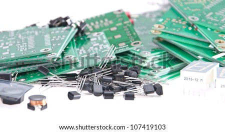 PCBs with different electronic components isolated on white background