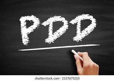 PDD Premenstrual Dysphoric Disorder - Mood Disorder Characterized By Emotional, Cognitive, And Physical Symptoms During The Luteal Phase Of The Menstrual Cycle, Acronym Text On Blackboard