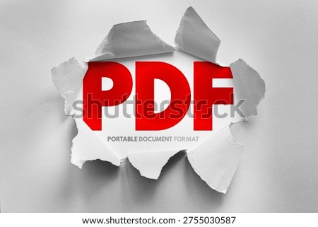 PDF Portable Document Format text revealed through torn paper concept, modern typography symbolizing digital files, document exchange, file standards, data sharing and electronic paperwork visualization