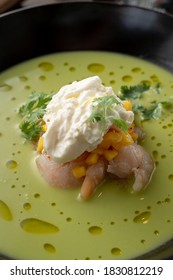 Pea And Corn Green Cream Soup With Shrimps And Expensive Cheese In A Fine Dining Restaurant, Close Up, Macro Texture