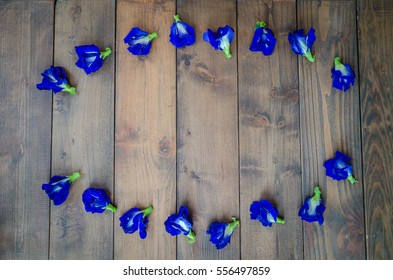 Pea flowers, Clitoria ternatea, butterfly blue, on wood background, abstract, art and texture