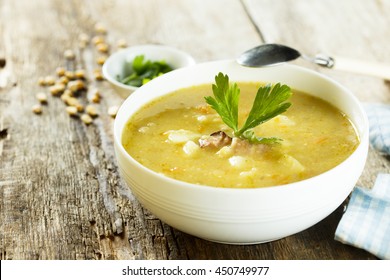 Pea and lentil soup with smoked meat