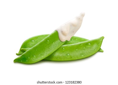 Pea Pods With Ranch Dressing Isolated On A White Background