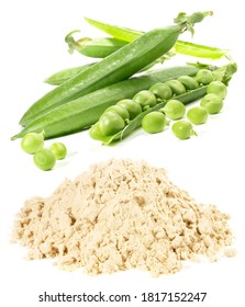 Pea Protein Powder With Peas On White Background, Isolated.