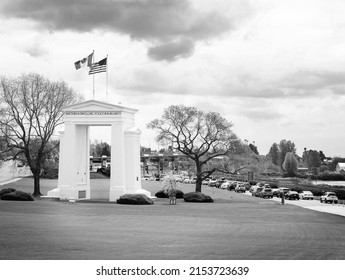 Peace Arch Park by the Douglas border crossing at the Canada US border, between Blaine Washington and White Rock BC.  Black and White Photo. 