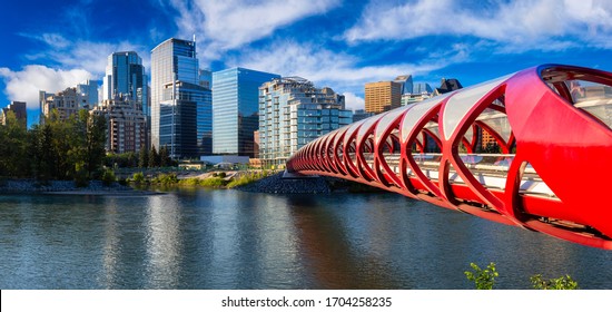 Peace Bridge across Bow River with Modern City Buildings in Background during a vibrant summer sunrise. Taken in Calgary, Alberta, Canada.