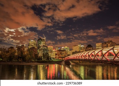 Peace Bridge over Bow River in Calgary at night, Alberta, Canada