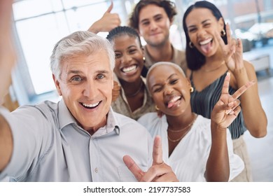 Peace Hand, Selfie And Office Friends At Fun And Friendly Company With Playful Business Culture. Team Photo In A Meeting With Diverse, Goofy And Silly Staff With Positive Coworking Relationship.