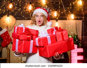 Peace and joy sold here. Gift shop. Holiday hustle and bustle. Tips how to save money on christmas shopping. Preparing surprise. Happy woman hold gift boxes. Give and receive. Pick perfect gift.
