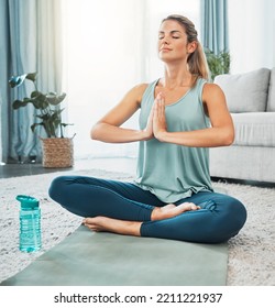 Peace Meditation, Exercise And Woman Praying For Spiritual Wellness On The Living Room Floor Of Her House. Person Training With Yoga, Gratitude In Prayer And Faith For Mind Health In Lounge Of Home