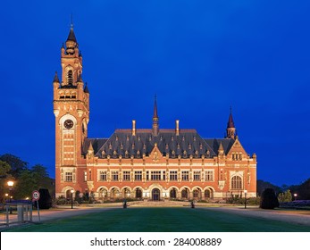 The Peace Palace At Evening In The Hague, Netherlands. It Houses The International Court Of Justice Of UN, The Permanent Court Of Arbitration And The Hague Academy Of International Law.