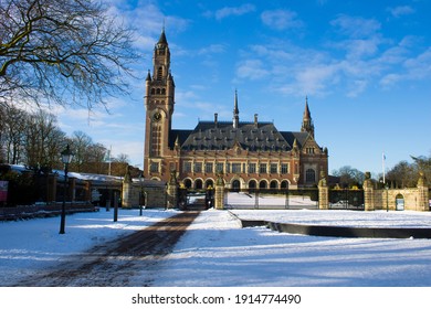 The Peace Palace In The Hague, Netherlands, Surrounded By Snow, Is An Administrative Building For International Law, And Houses The International Court Of Justice, Winter In The Hague.