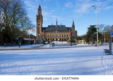 The Peace Palace In The Hague, Netherlands, Surrounded By Snow, Is An Administrative Building For International Law, And Houses The International Court Of Justice, Winter In The Hague.