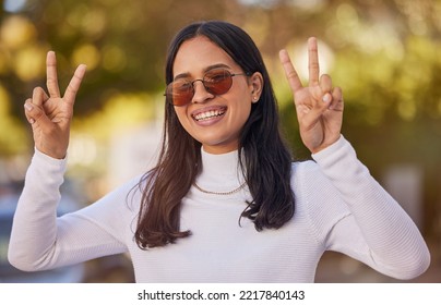 Peace Sign, Black Woman And Sunglasses With Smile, Being Confident And Proud Outdoor For Summer Vacation, Relax And Being Edgy. Portrait, Girl And Female Being Trendy, Show Hand Sign And Have Fun.