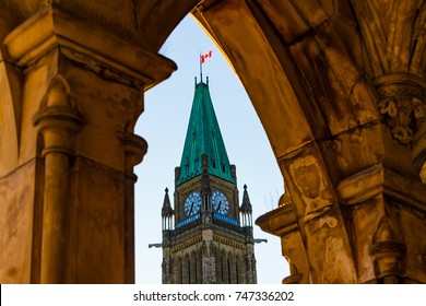 Peace Tower At The Parliament Of Canada In Ottawa Framed In Arch