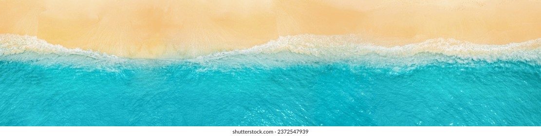 Peaceful aerial wide beach landscape, summer vacation Mediterranean holiday. Waves crash stunning blue ocean bay sea panoramic coastline. Tranquil aerial drone top view. Relaxing sunny beach, seaside