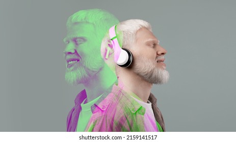 Peaceful albino man listening to music with closed eyes in wireless headphones and guy smiling over grey studio background, panorama with copy space, double color exposure, collage - Powered by Shutterstock