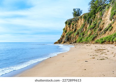 Peaceful atmosphere of a an ocean coastline in Malibu, California. High and lush green cliff towers above the sandy beach, calm ocean waters stretch out to the horizon under a clear blue sky. - Powered by Shutterstock