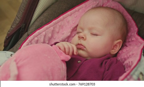 Peaceful Baby Sleeping In A Car Seat On Pink Blanket Holding Hand On A Pink Toy