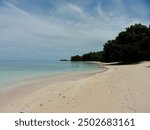 A peaceful beach landscape located in Marshall Islands. Bright teal water on a sandy shore. A classic blue sky above a green tropical forest.