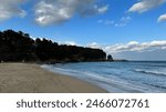 A peaceful beach scene with gentle waves washing onto the sandy shore, bordered by a dense forest on a headland under a partly cloudy blue sky.