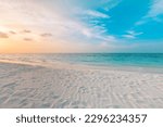 Peaceful closeup beach. Tranquil nature landscape. Inspire tropical coast seascape wave horizon. Soft orange golden sunset sunrise sea sand sky. Calm relax summer vacation travel holiday background