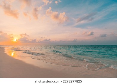 Peaceful closeup sea sand beach. Beautiful nature landscape. Inspire tropical beach seascape wave horizon. Orange golden sunset sky calm tranquil relaxing summer. Vacation travel holiday concept - Powered by Shutterstock