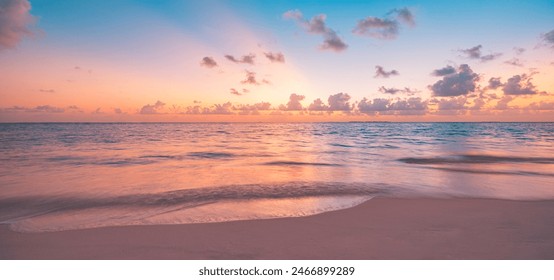 Peaceful closeup sea sand sky beach. Beautiful tranquil nature landscape. Inspire calm tropical seascape wave horizon. Colorful panoramic sunset light relaxing summer pattern. Vacation travel tourism - Powered by Shutterstock