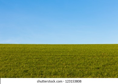 Peaceful Deserted Landscape With A Lush Green Grassy Field And Clear Blue Sky